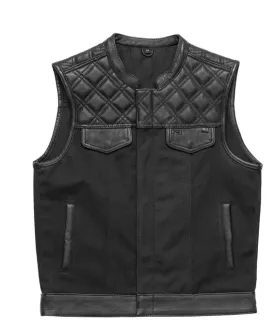 1/2 Black HL21664HFBLACK Men Cross Stitch Half Leather Half Canvas Club Motorcycle Vest