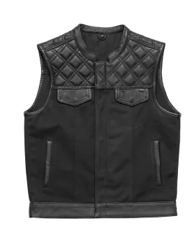 1/2 Black HL21664HFBLACK Men Cross Stitch Half Leather Half Canvas Club Motorcycle Vest