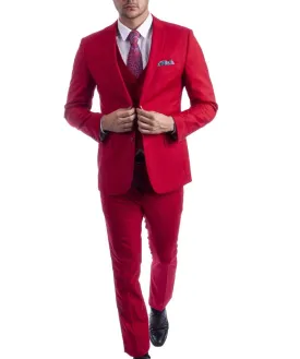 3 piece True Red Slim Fit Men's Suit with Vest Set