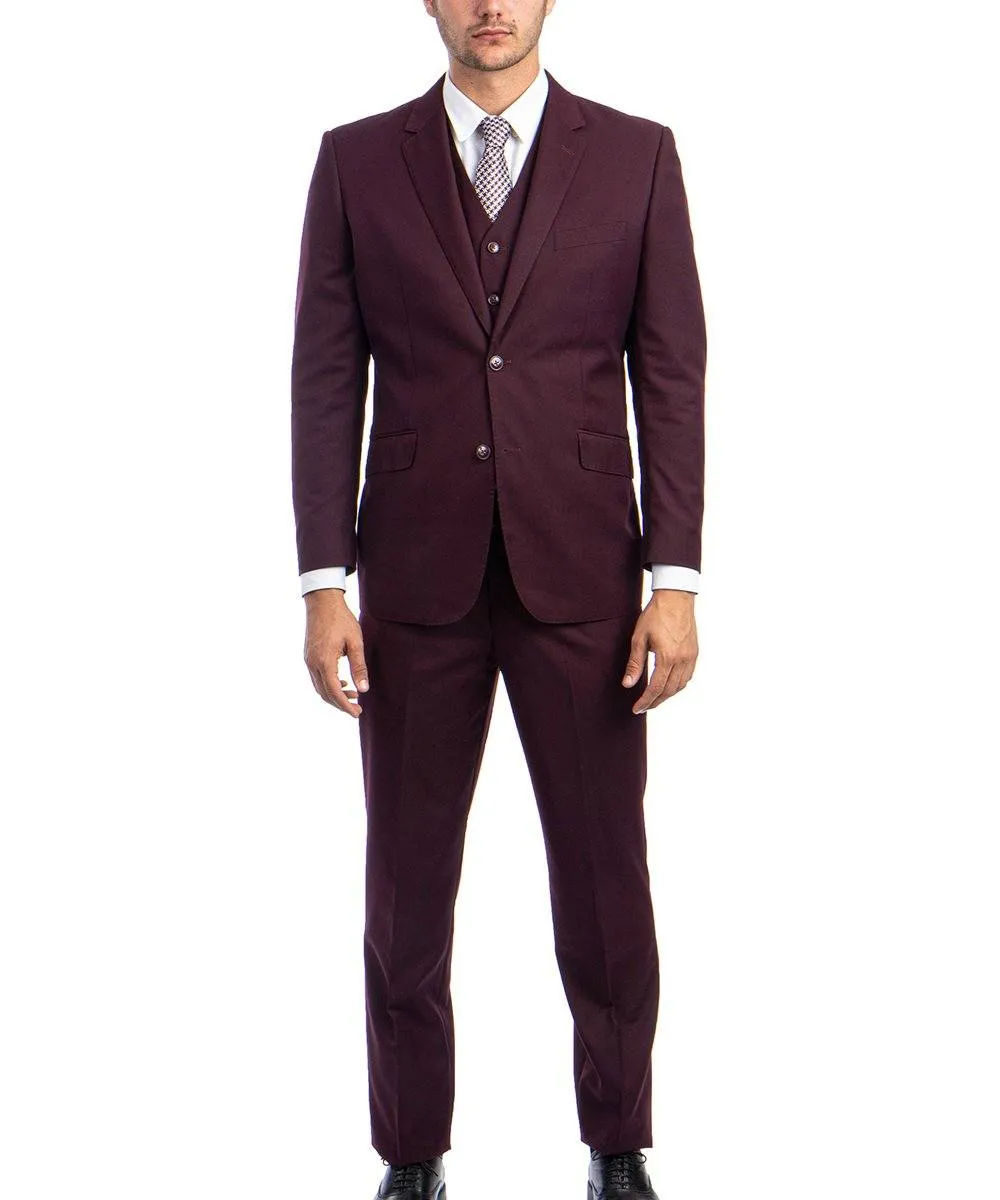 Burgundy 3-piece Wool Suit with Vest