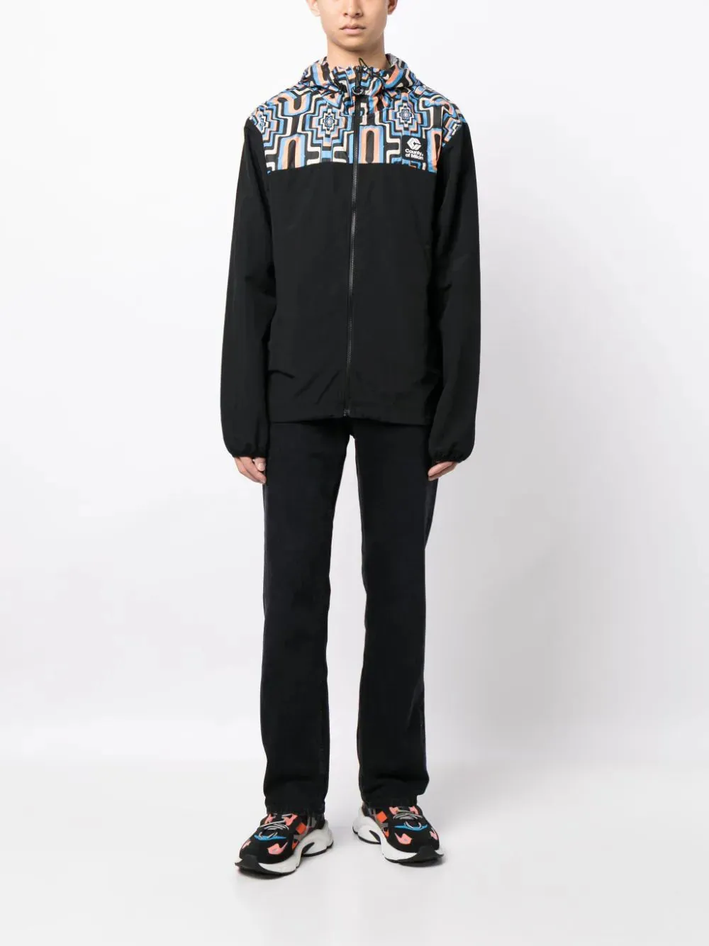 Cross-Print Panelled Hooded Windbreaker