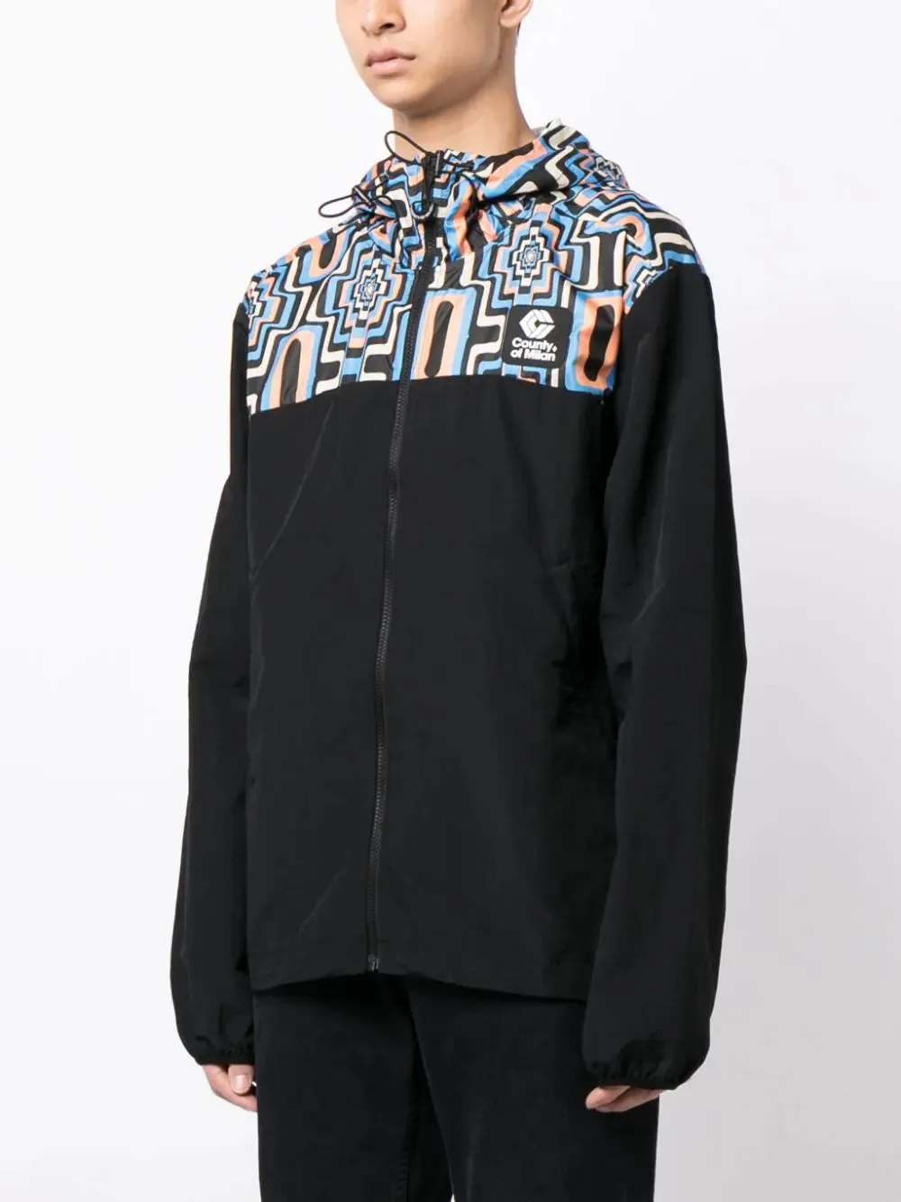 Cross-Print Panelled Hooded Windbreaker