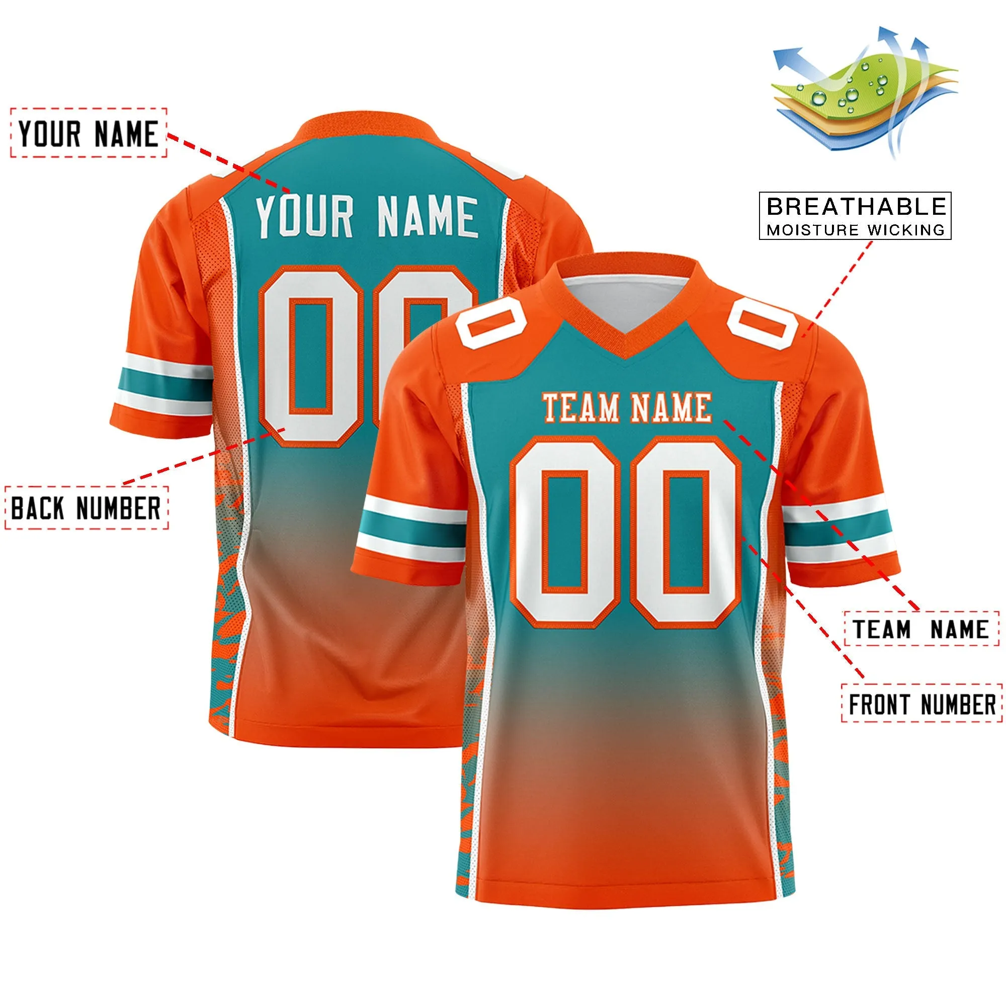 Custom Aqua Orange Gradient Personalized Side Pattern Authentic Football Jersey