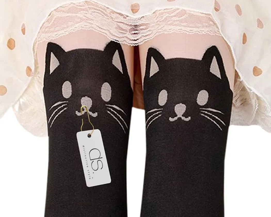 DS.DISTINCTIVE STYLE Animal Tattoo Tights Japanese Style Cosplay Pantyhose, Black, XS - Cat