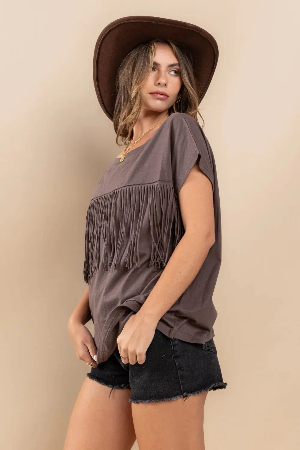 Fringe Detail Round Neck Short Sleeve Top