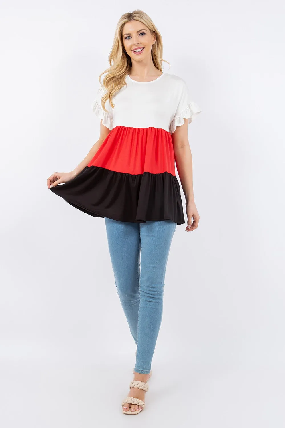 Full Size Color Block Ruffled Short Sleeve Top