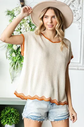 Full Size Contrast Wavy Crochet Drop Shoulder Knit Top