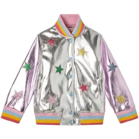 Girls Metalic Silver Star Varsity Jacket