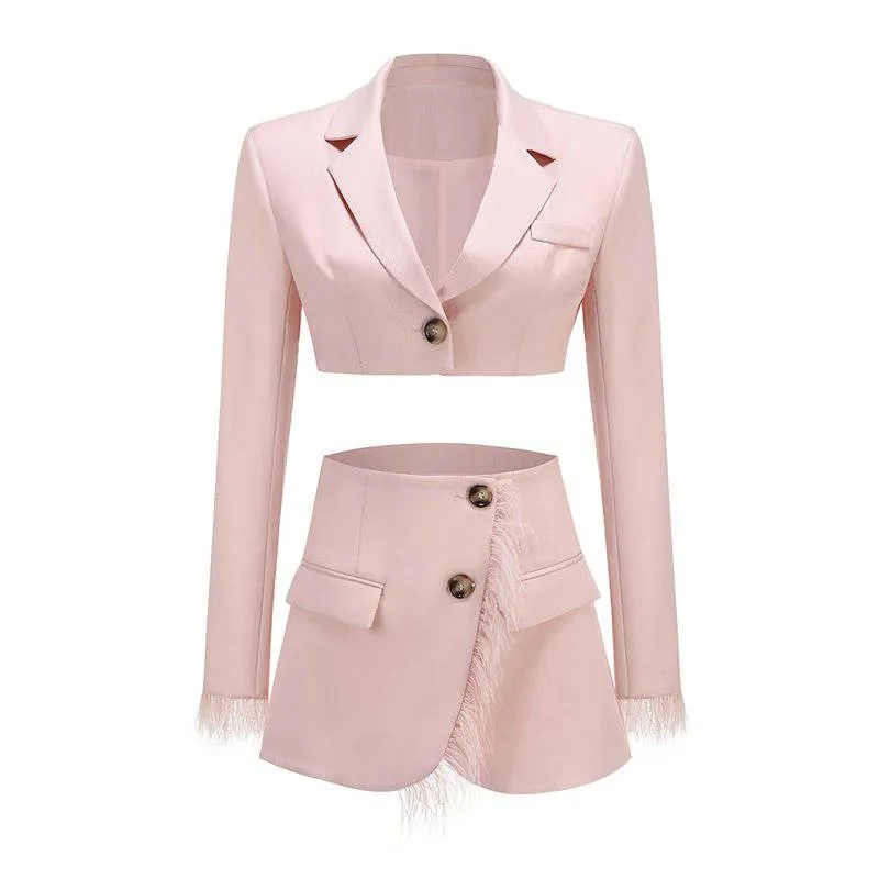 Lexi Long Sleeve Cropped Feather Blazer & Feather Skirt Set