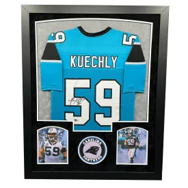 Luke Kuechly Signed Carolina Blue Custom Double-Suede Framed football Jersey (Beckett)