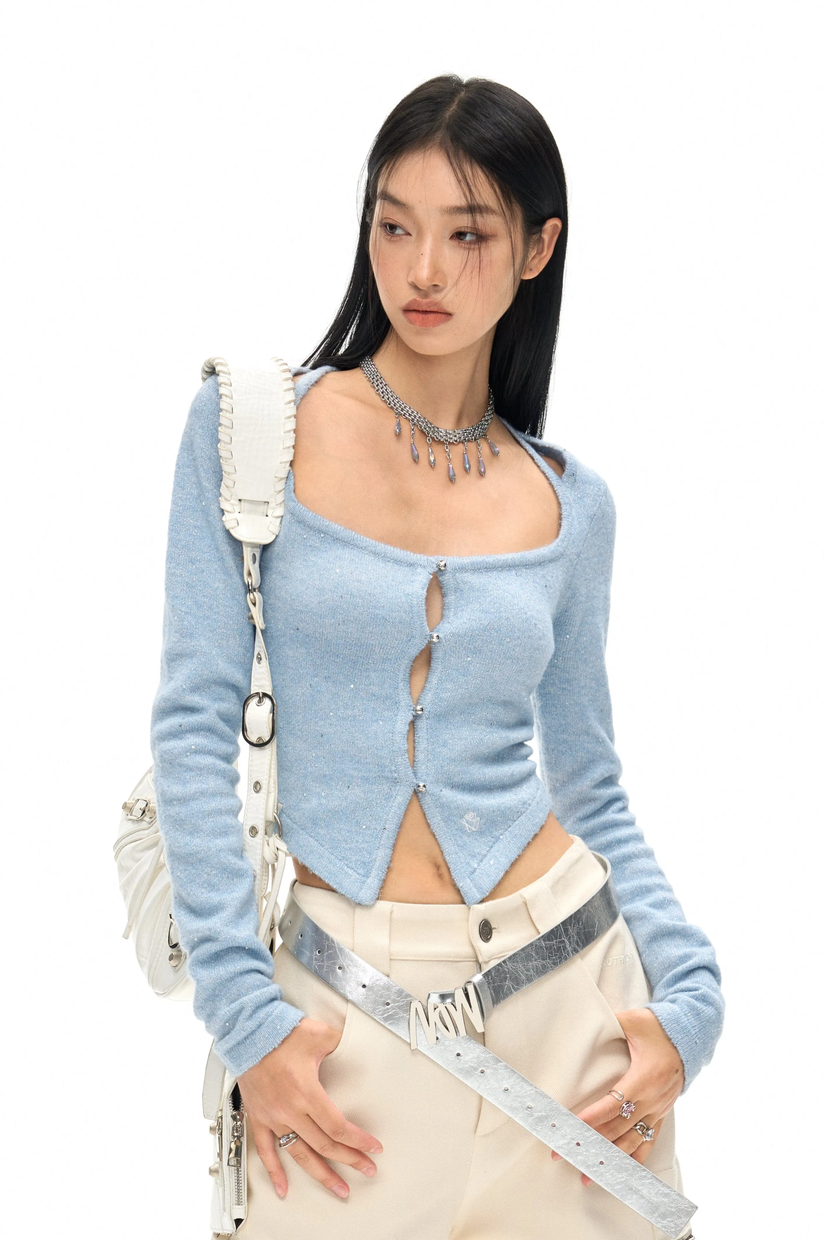 Message Square Collar Twinkling Glitter Knit Cardigan