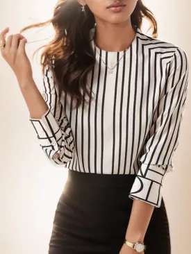 Stripe Loose Fashionable Vintage Office Sleeve Elegant French Spring Lady O-Neck Long Top