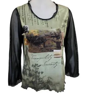 Vine Street Apparel, Sage & Black Top with 3/4 Sheer Sleeves - Tranquility