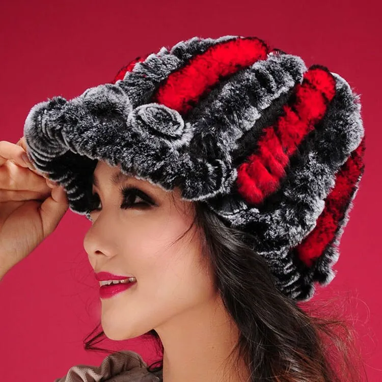 Women's Hats Winter Real Rex Rabbit Fur Hat Wool Visor Ski Hat Cap 13615