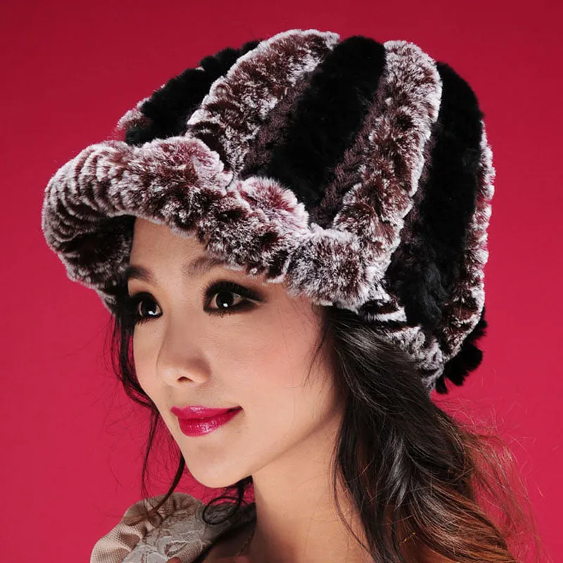 Women's Hats Winter Real Rex Rabbit Fur Hat Wool Visor Ski Hat Cap 13615